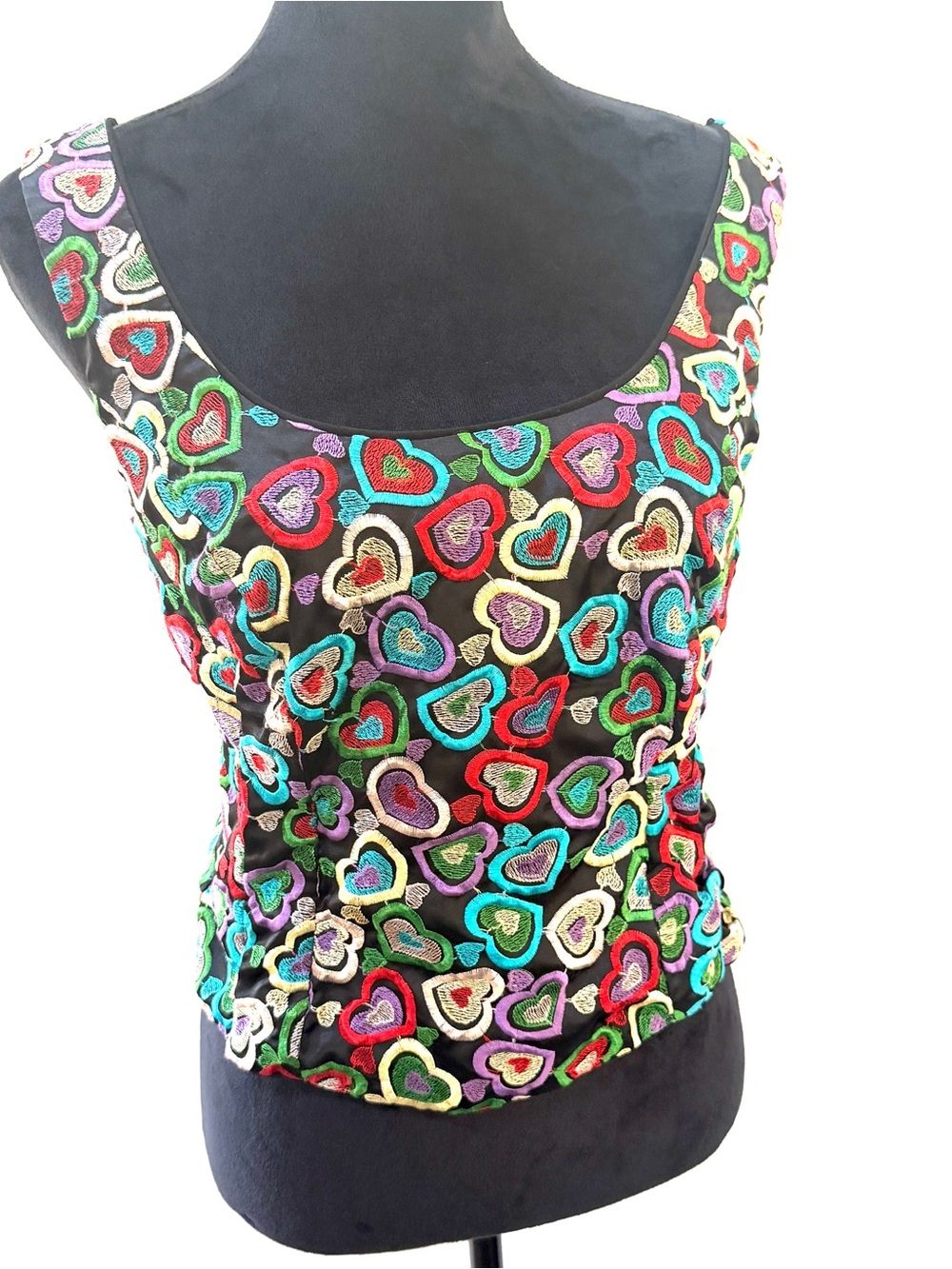 Embroidered Multicolored Hearts Sleeveless Black Top, Size S-M